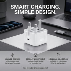 20W USB-C Power Adapter with 3-Pin Plug – Fast Charging Type-C PD Wall Charger