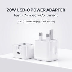 20W USB-C Power Adapter with 3-Pin Plug – Fast Charging Type-C PD Wall Charger