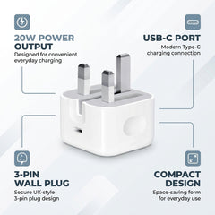 20W USB-C Power Adapter with 3-Pin Plug – Fast Charging Type-C PD Wall Charger