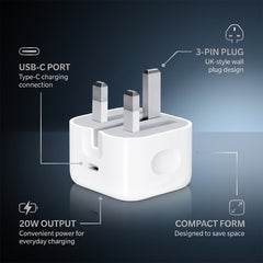 20W USB-C Power Adapter with 3-Pin Plug – Fast Charging Type-C PD Wall Charger